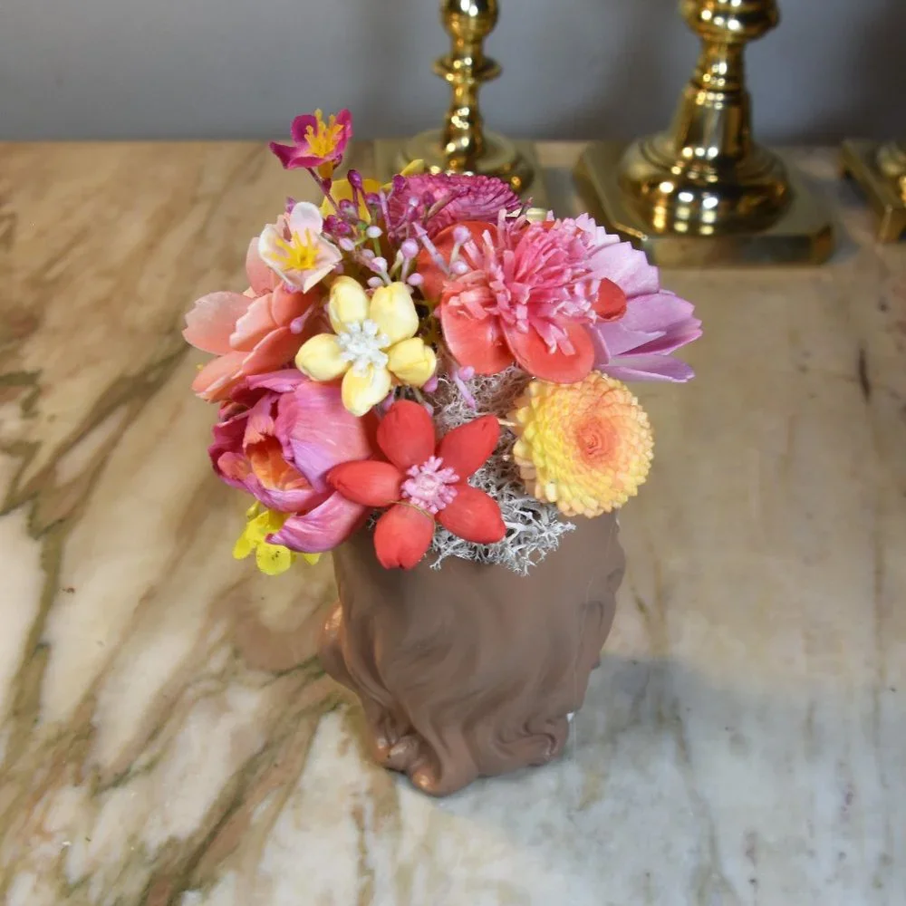 Planter with bright flowers you never water! Molded resin girl-adorable details